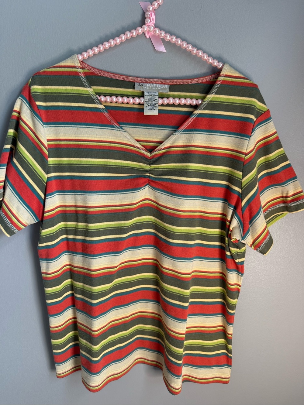 Sag Harbor Multicolor Striped Short Sleeve V-Neck Tee XL